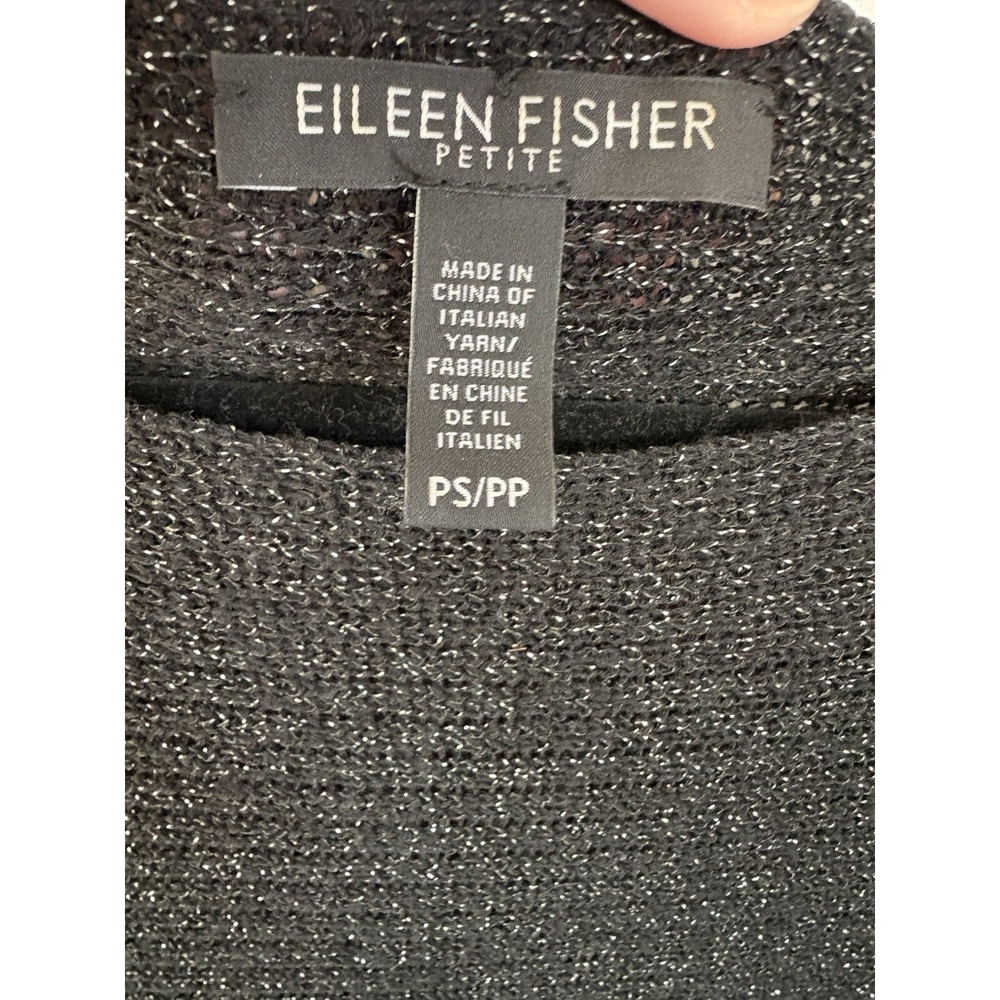 Eileen Fisher Open Knit Sweater Black Metallic Petite Small Boatneck Merino Wool - Picture 3 of 3